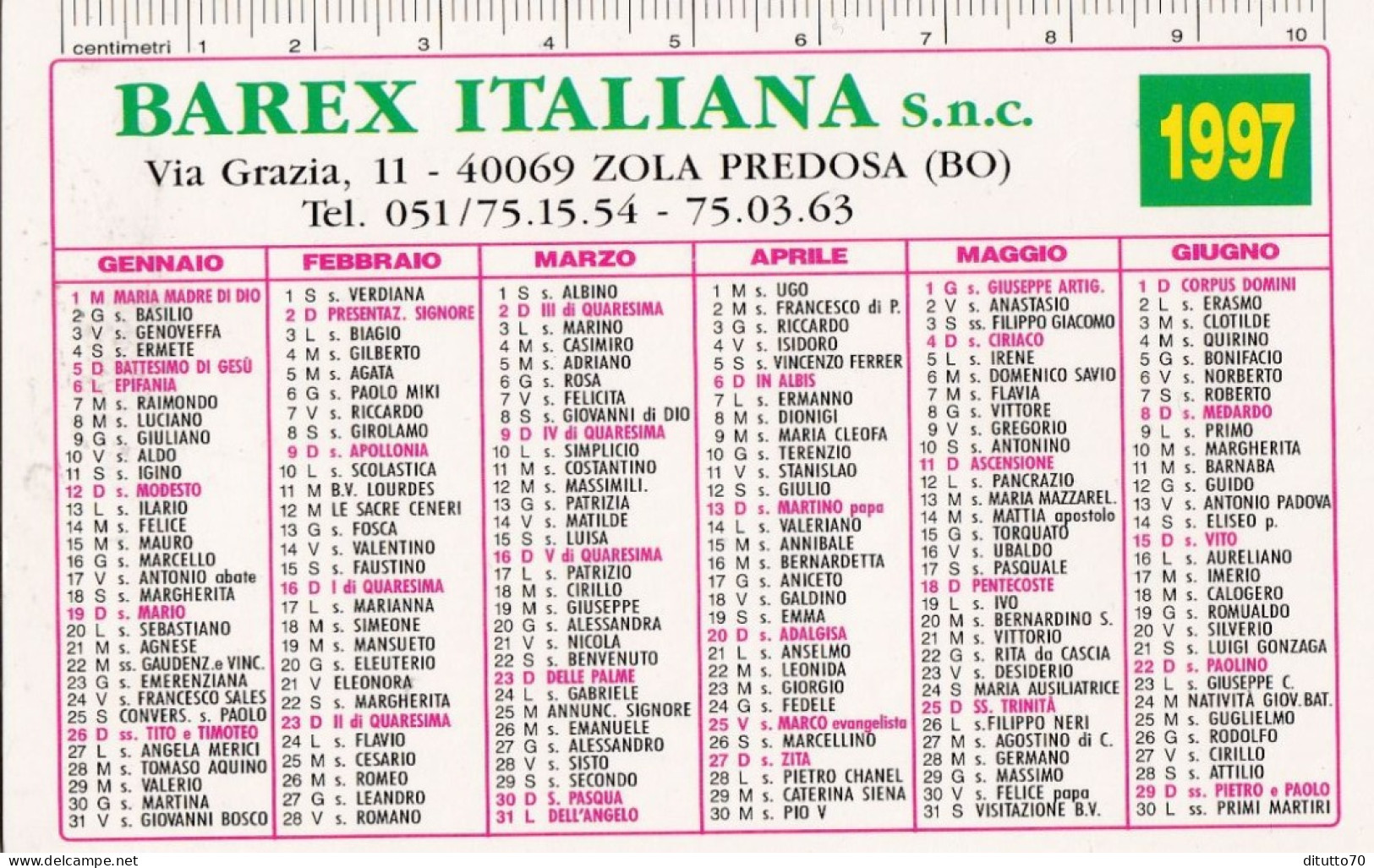 Calendarietto - Barex Italiana - Zola Predos - Bologna - Anno 1997 - Small : 1991-00