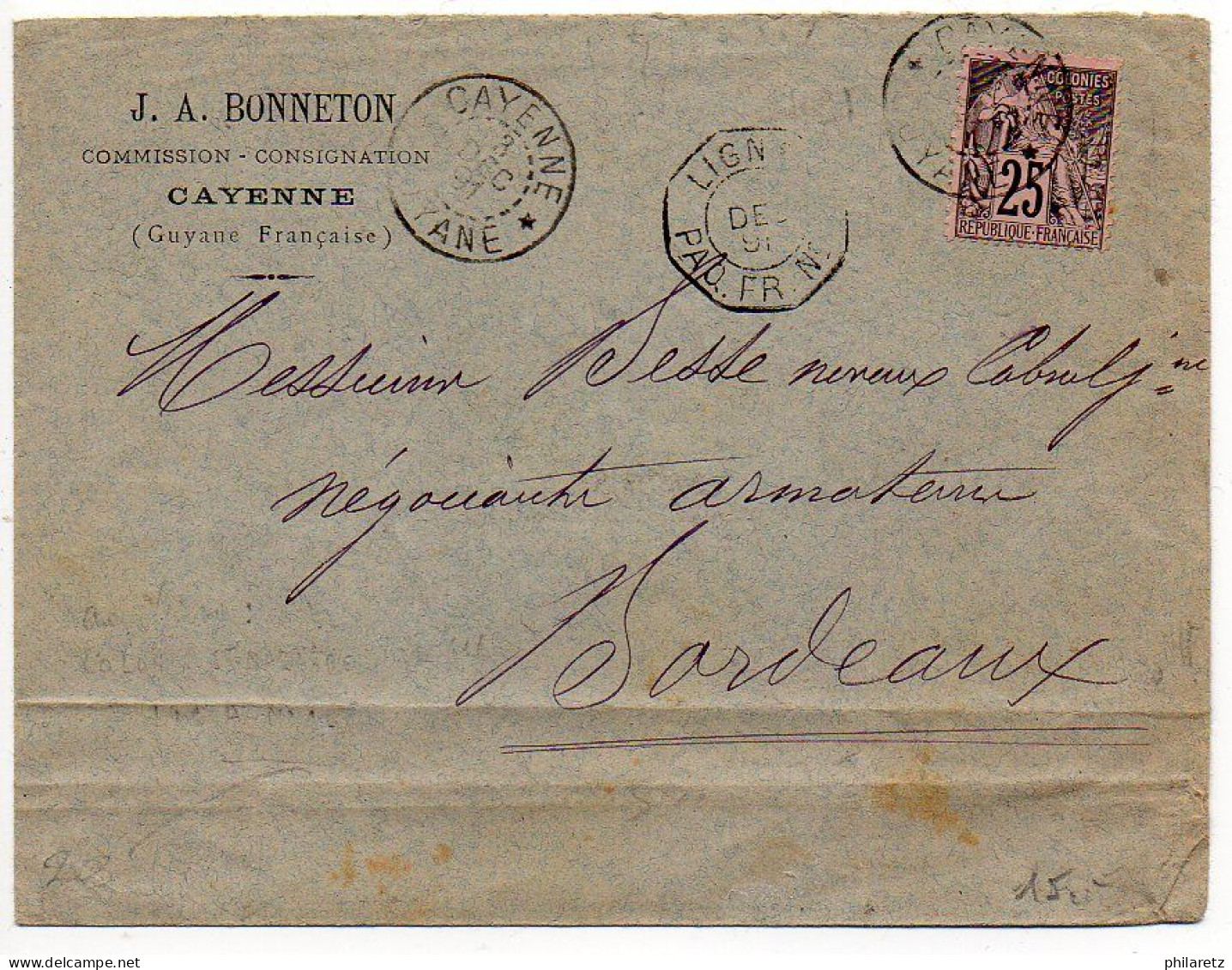 CG : 25c Alphée Dubois Sur Lettre De Guyane De 1891 - Etat B/TB - Alphee Dubois