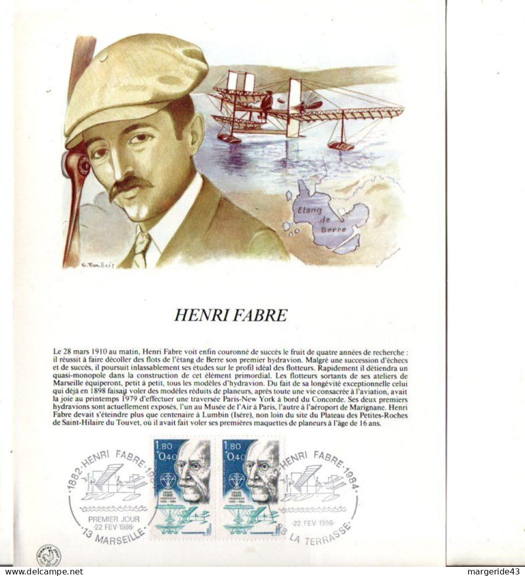 NOTICE FDC 1986 AVIATION HENRI FABRE - 1980-1989