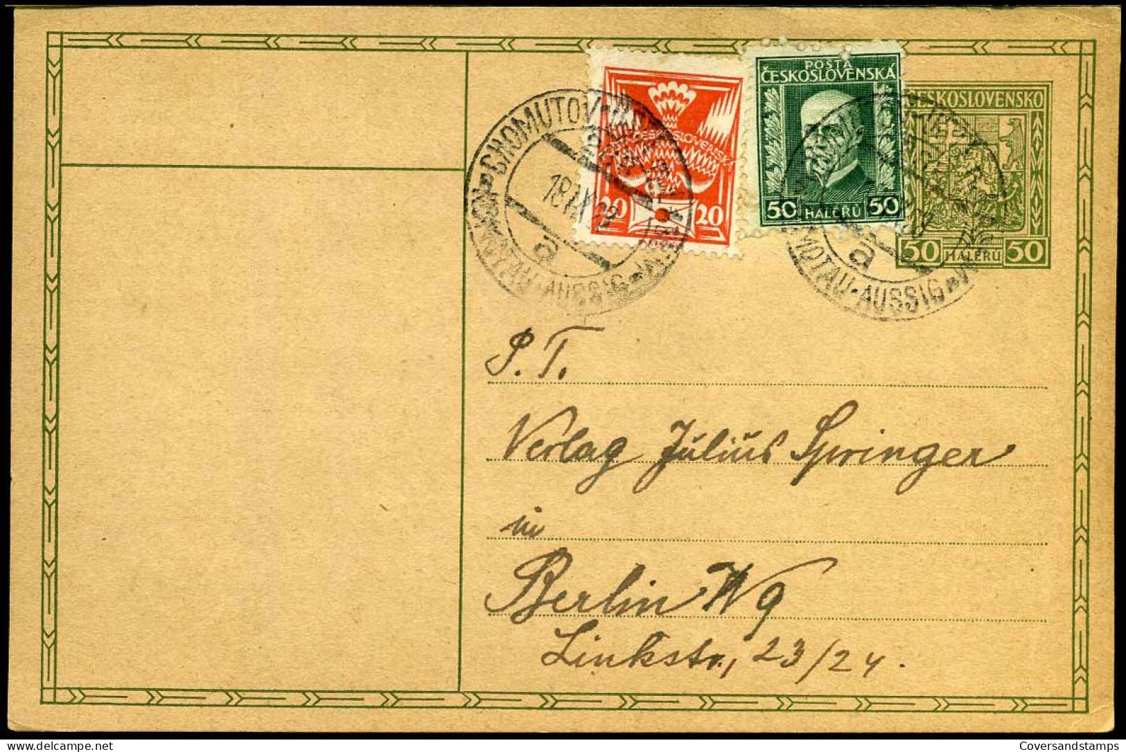 Postcard From Chomutov To Berlin, Germany - 1928 - Cartoline Postali