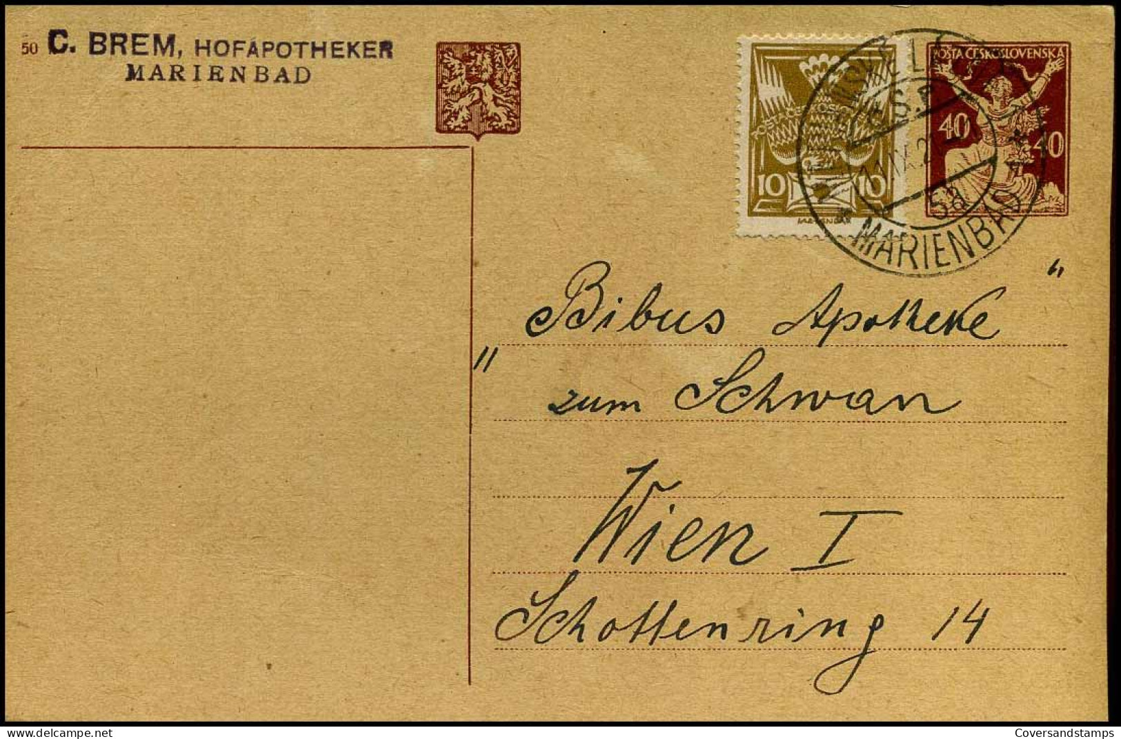 Postcard To Vienna - 'Hofapotheke C. Brem, Marienbad' - Ansichtskarten