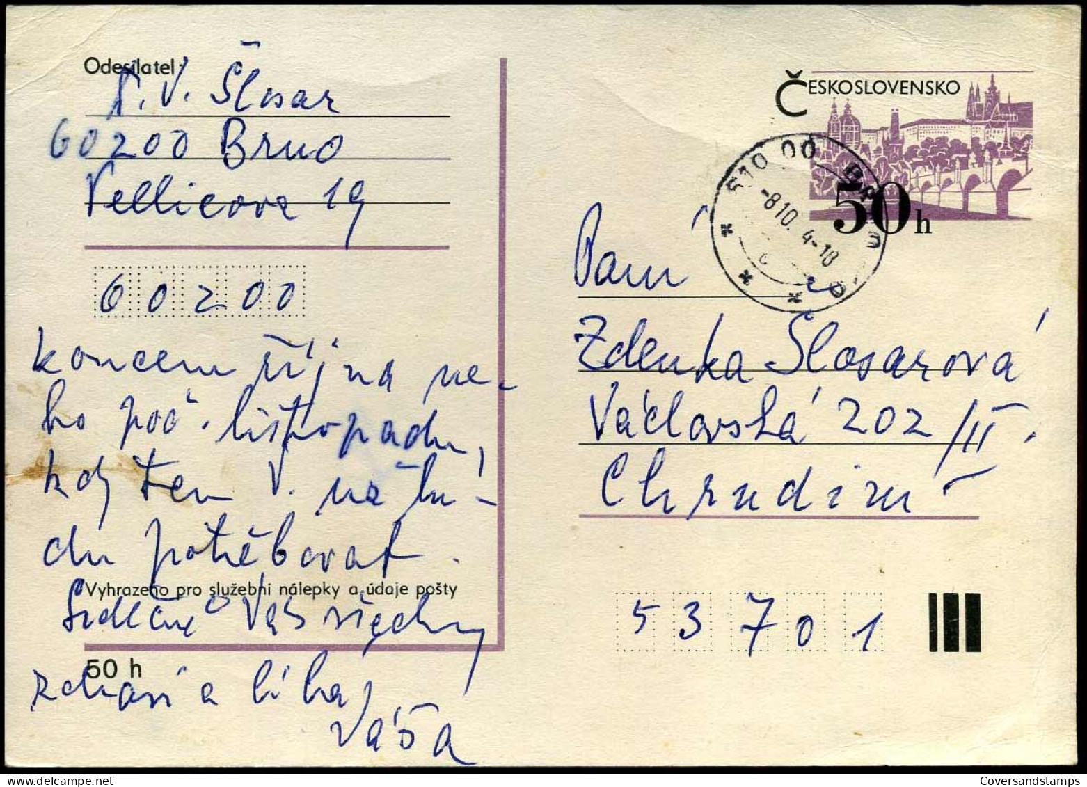 Postcard To Chrudim - Cartes Postales