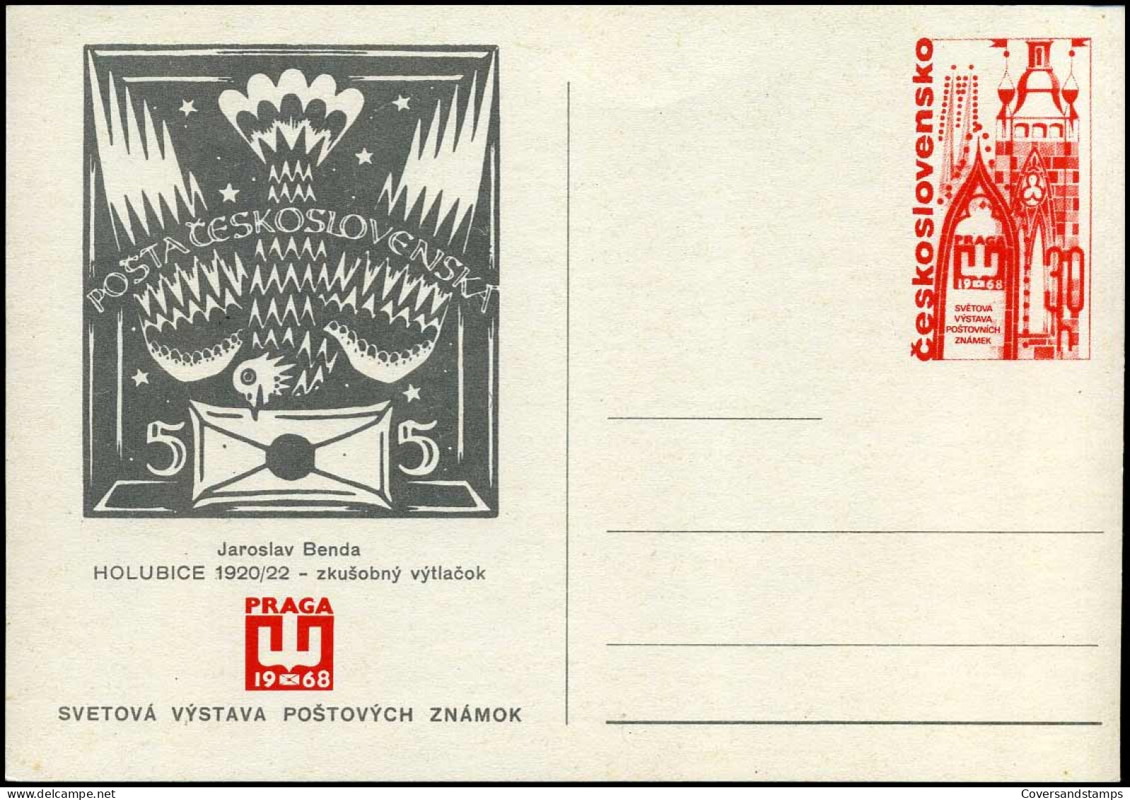 Post Card - World Philatelic Exhibition PRAGA  '68 - Stamps 'Doves By Jaroslav Benda - Postales
