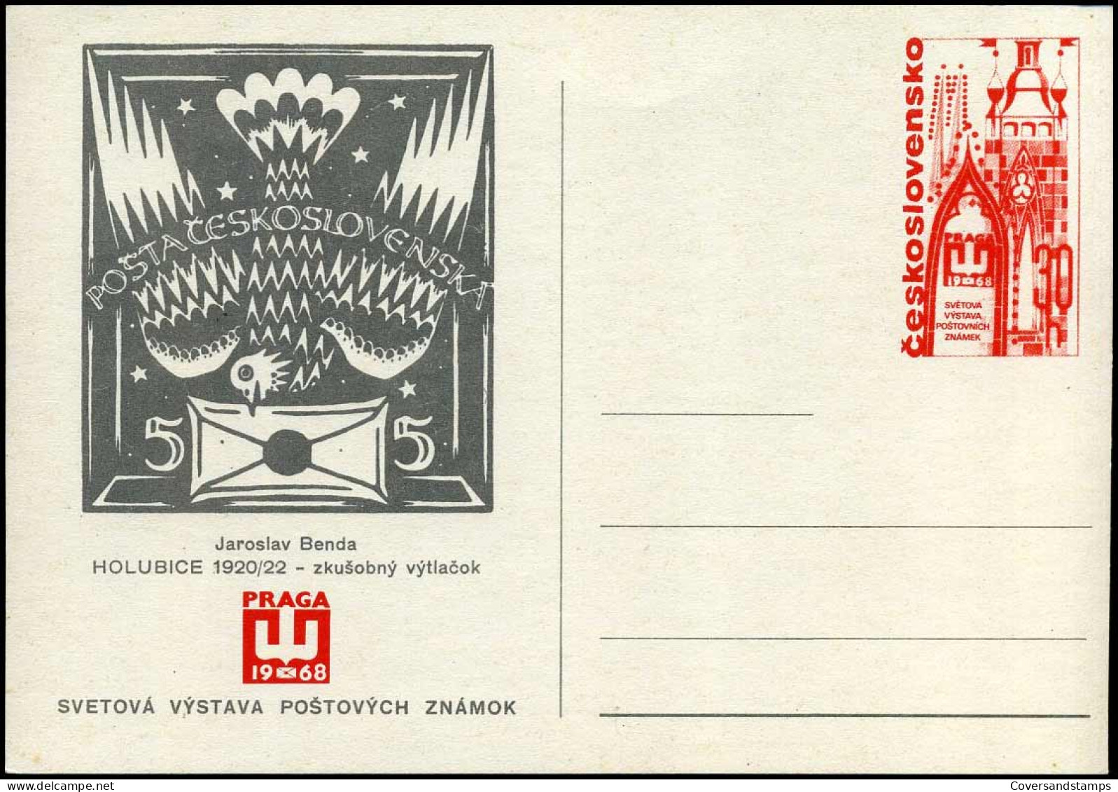 Post Card - World Philatelic Exhibition PRAGA  '68 - Stamps 'Doves By Jaroslav Benda - Cartes Postales