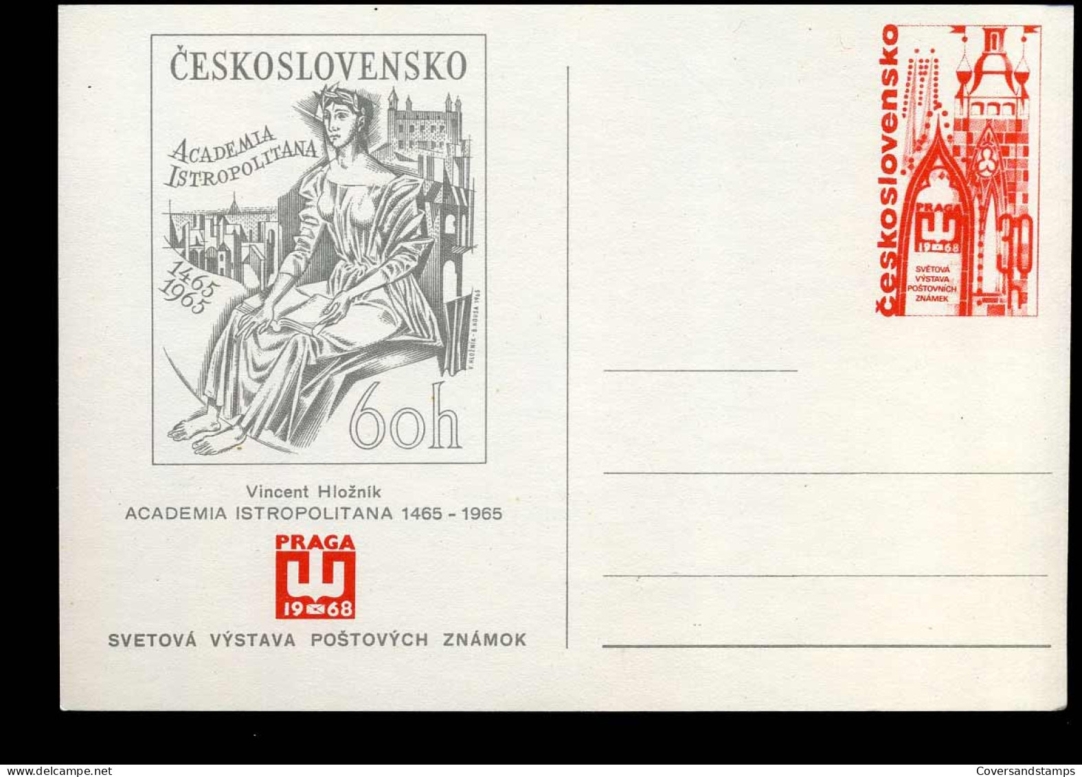 Post Card - World Philatelic Exhibition PRAGA 1968 - Academia Istropolitana, Vincent Hloznik - Ansichtskarten