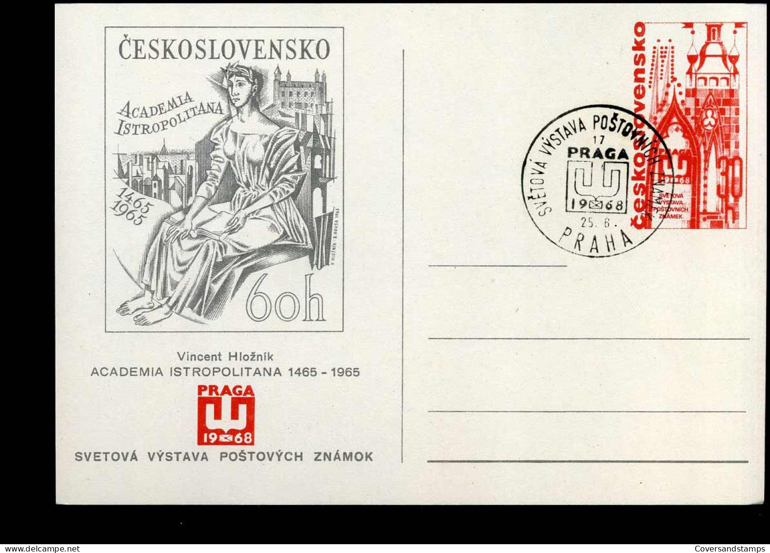 Post Card - World Philatelic Exhibition PRAGA 1968 - Academia Istropolitana, Vincent Hloznik - Ansichtskarten