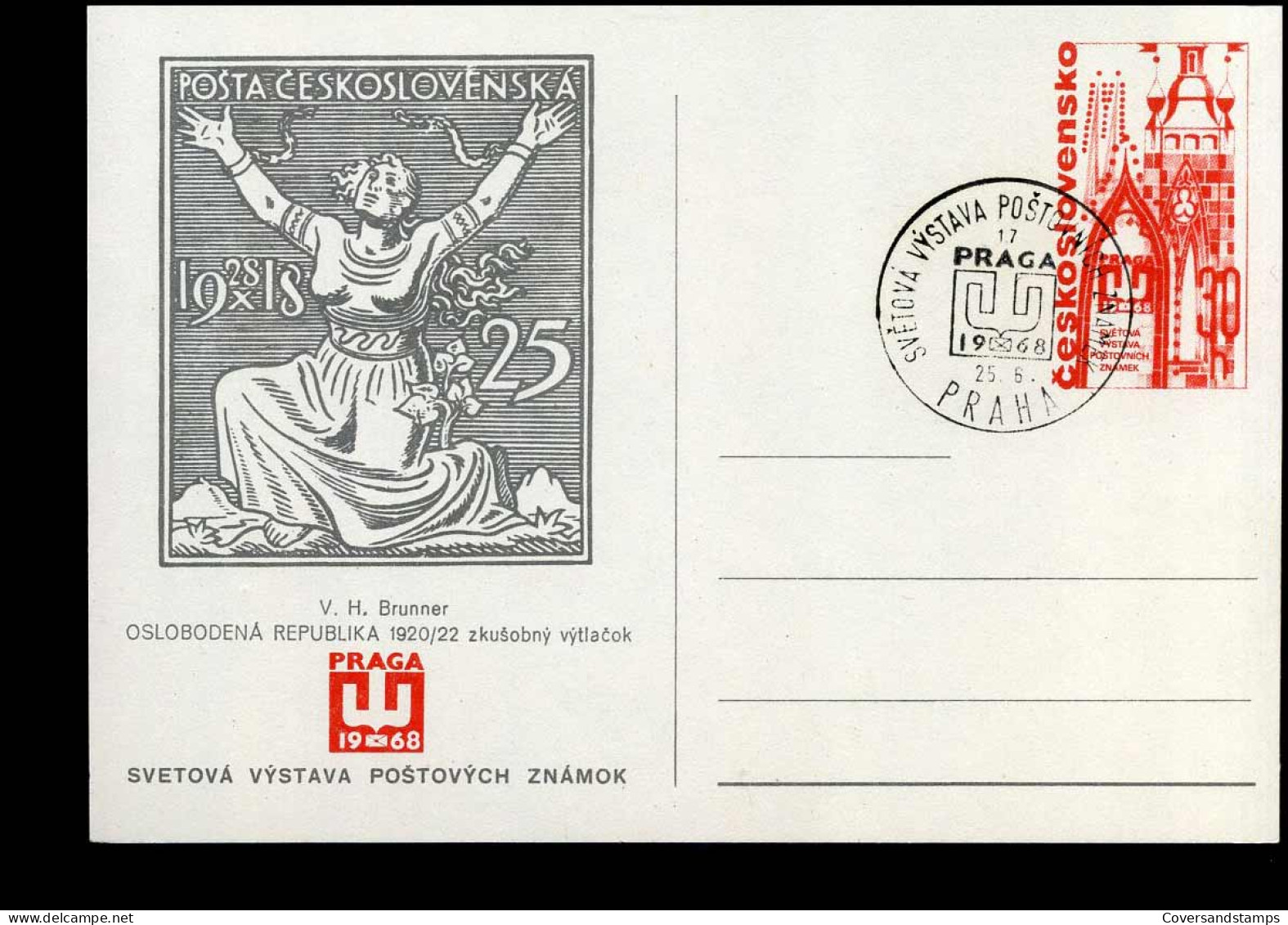 Post Card - World Philatelic Exhibition PRAGA  '68 - Liberated Republic By V.H. Brunner - Cartes Postales