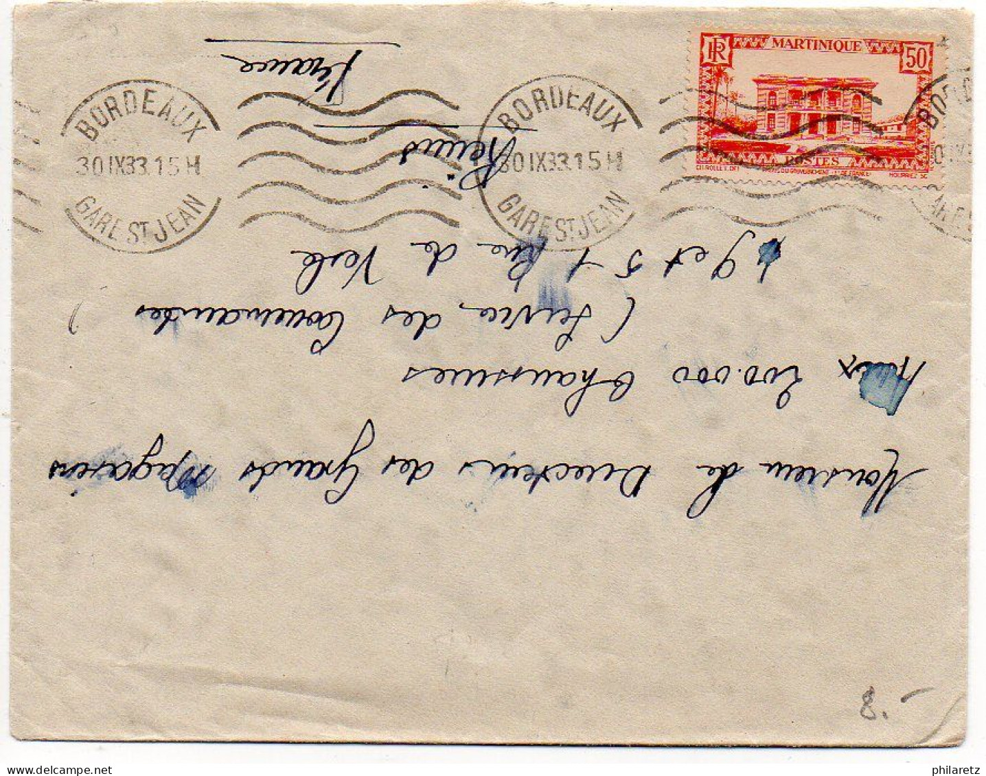 Martinique : Lettre De 1933 Avec Timbre Oblitéré Par Oblitération Mécanique De Bordeaux (entrée Maritime) - Storia Postale