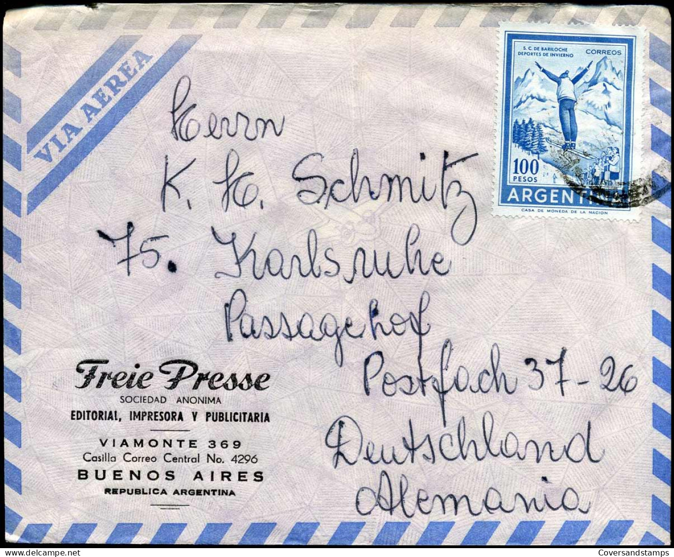 Airmail Cover To Karlsruhe, Germany - 'Freie Presse, Editiorial, Impresora Y Publicitaria, Buenos Aires' - Posta Aerea