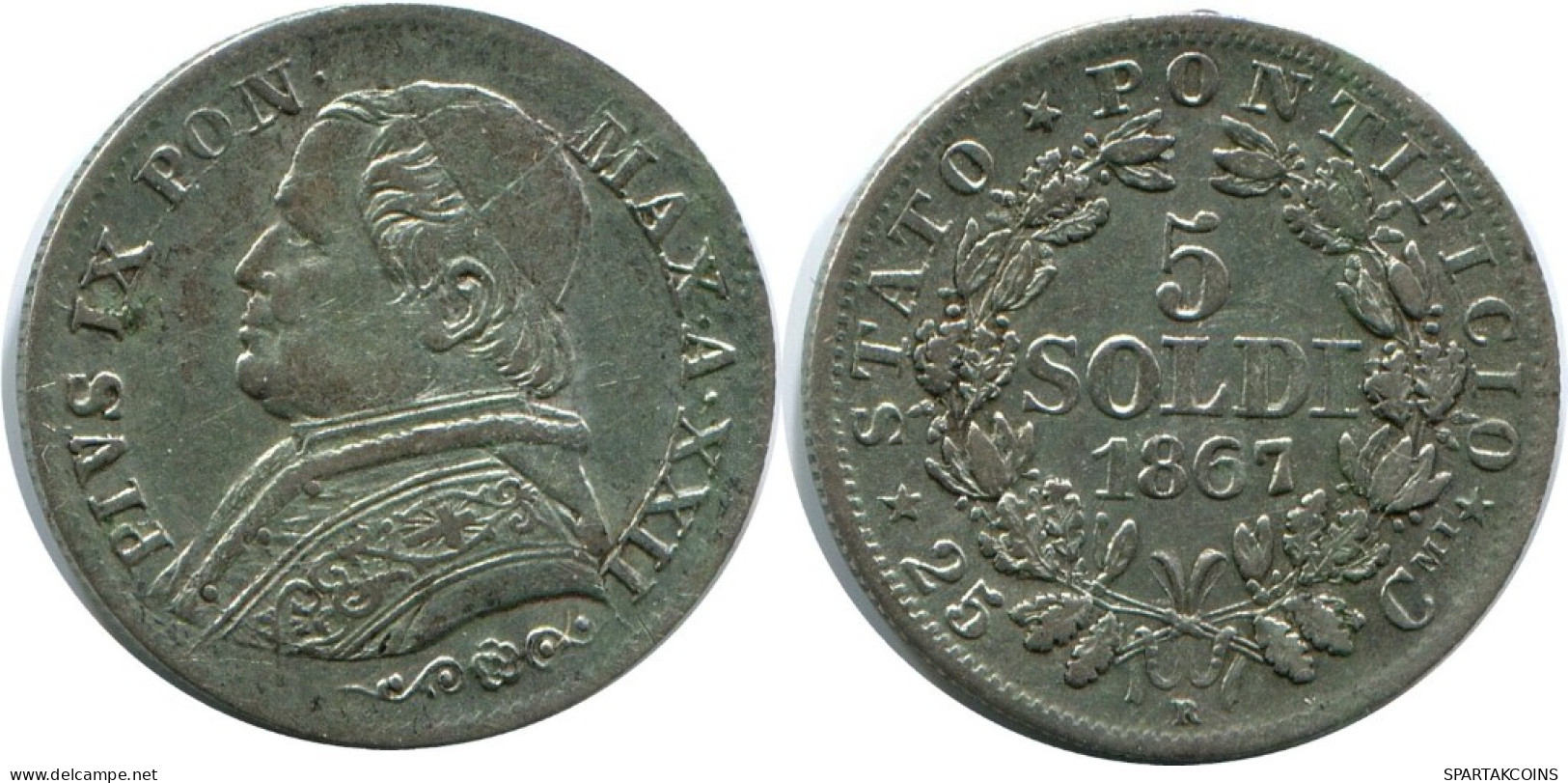 5 SOLDI / 25 Centesimi 1867 R VATICAN Pièce Pius IX (1846-1878) ARGENT #AH382.13.F.A - Vatican