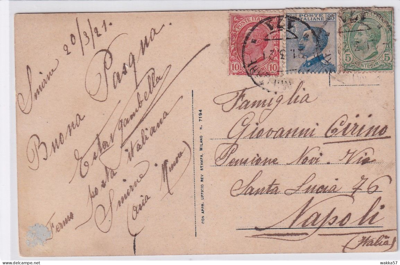 XK 693 - Cartolina  Da Posta Militare 171 (Fermo Posta ?) Da Smirne 21/3/21 A Napoli - Europese En Aziatische Kantoren