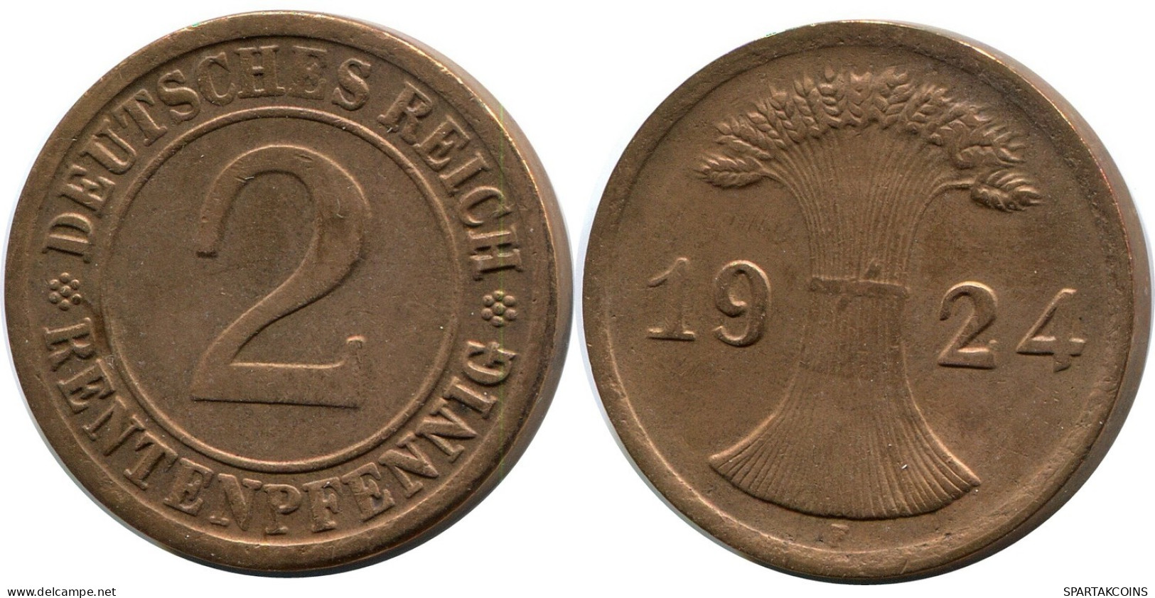 2 RENTENPFENNIG 1924 F GERMANY Coin #DB831.U.A - 2 Renten- & 2 Reichspfennig