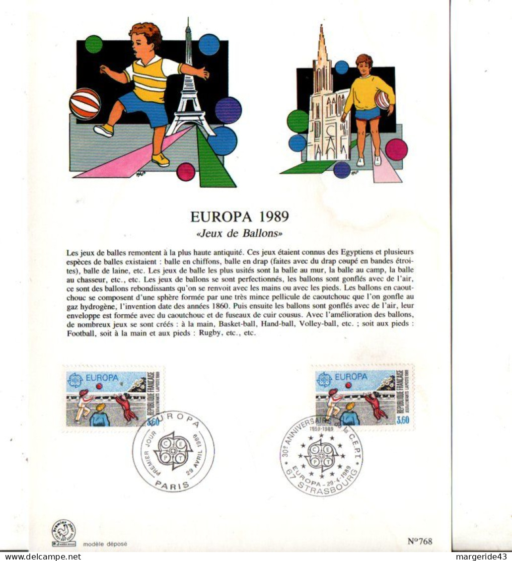 NOTICE FDC 1989 EUROPA - JEUX DE BALLONS - 1980-1989