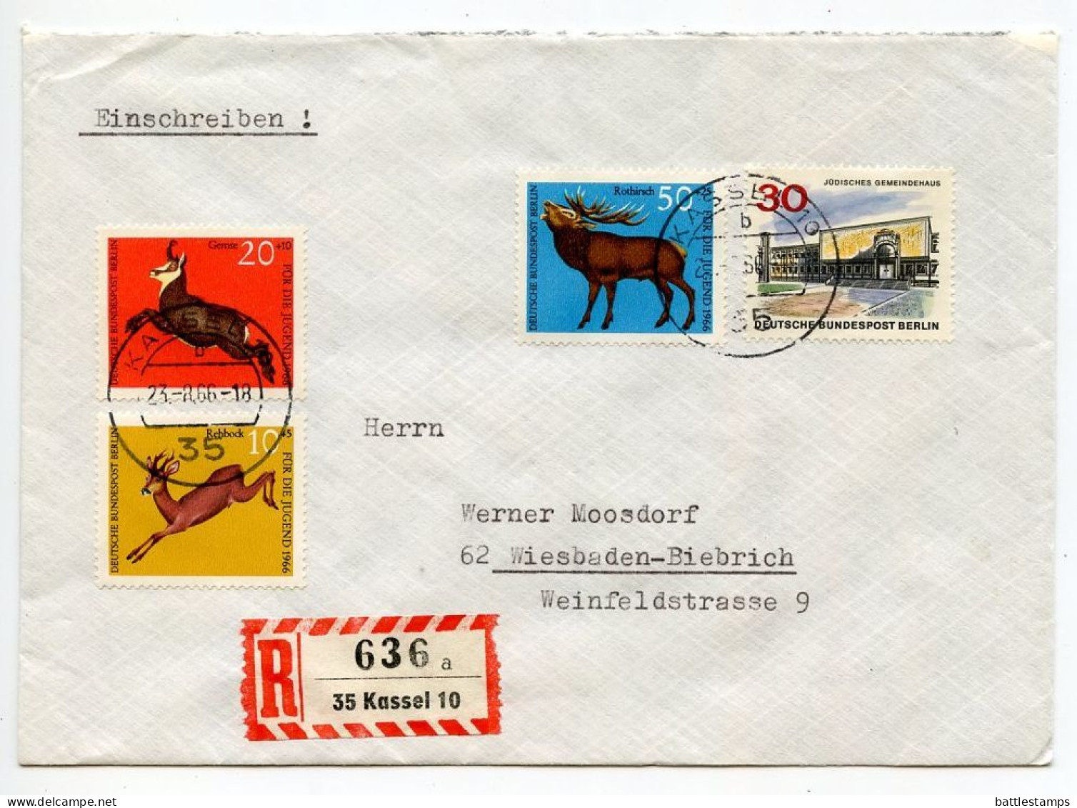 Germany, West 1966 Registered Cover Kassel To Wiesbaden-Biebrich; Berlin - Animals & Architecture Stamps - Covers & Documents