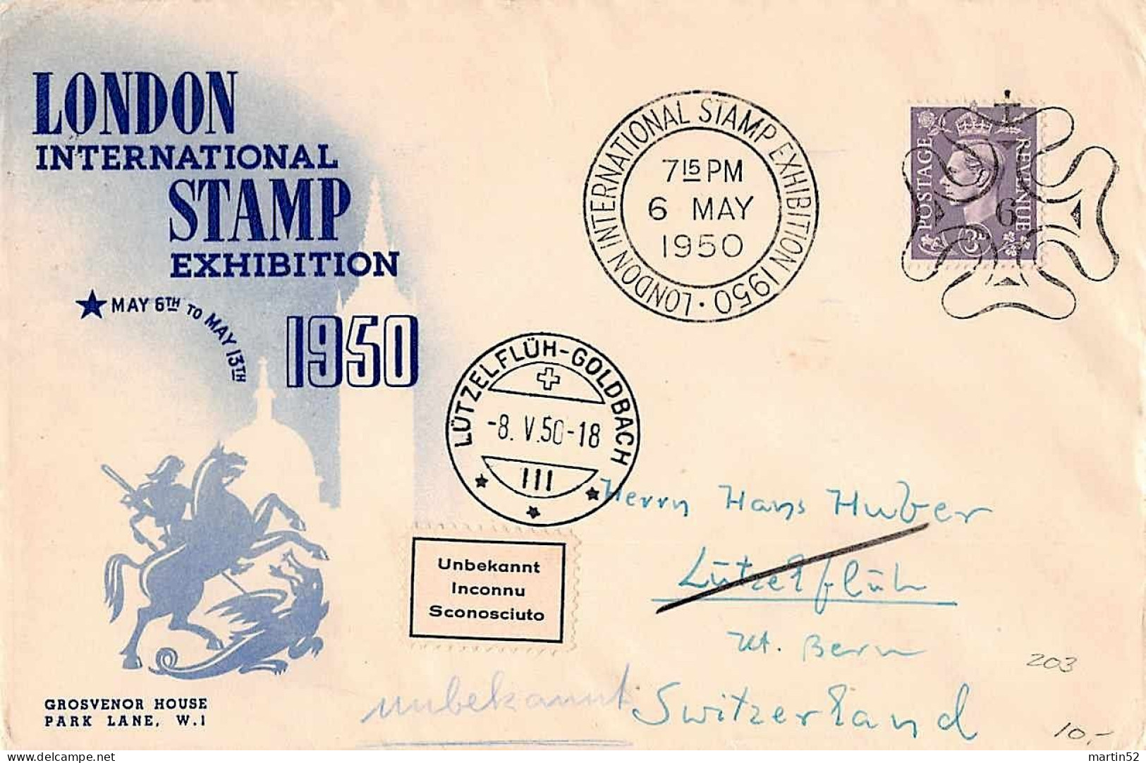 England United Kingdom Grande-Bretagne 1950: STAMP EXHIBITION LONDON 6 MAY 1950 Returned To LÜTZELFLÜH-GOLDBACH - Esposizioni Filateliche