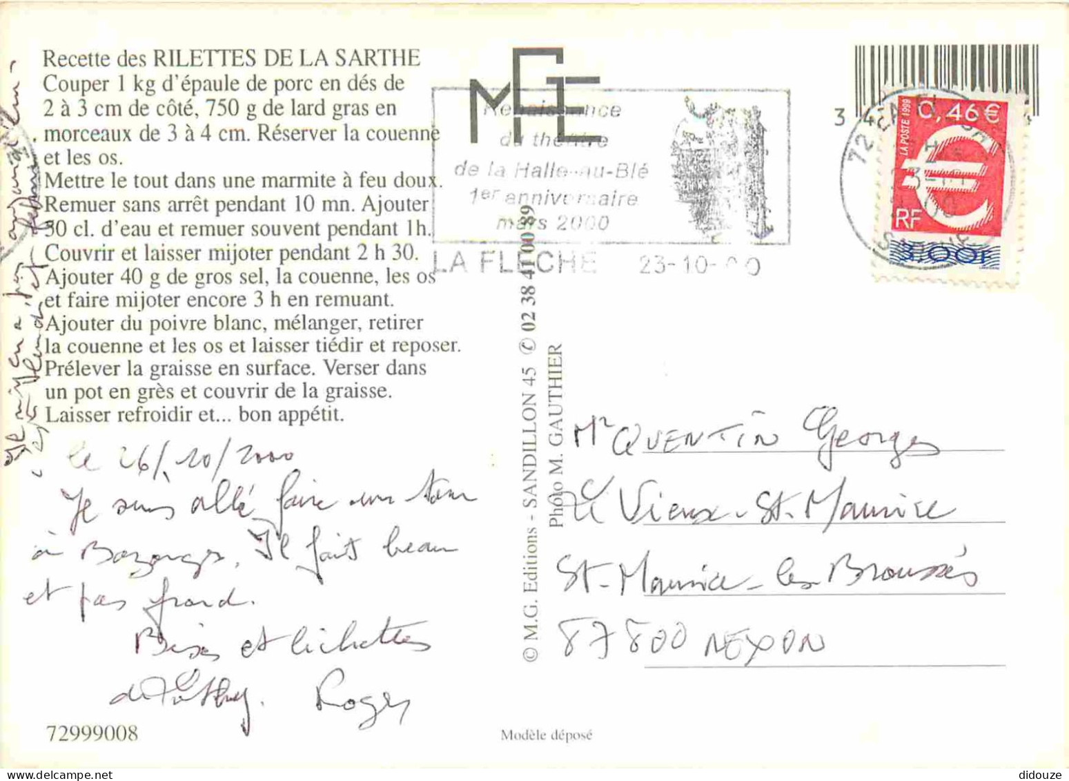 Recettes De Cuisine - Rillettes De La Sarthe - Gastronomie - CPM - Voir Scans Recto-Verso - Recettes (cuisine)