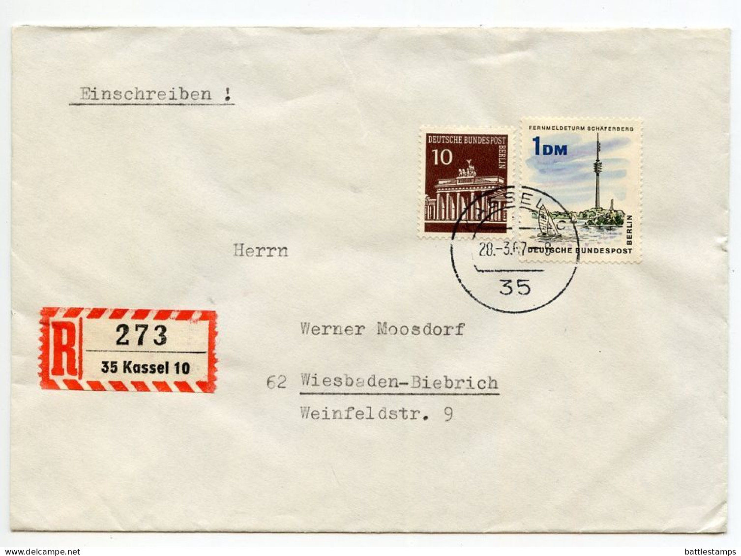 Germany, West 1967 Registered Cover Kassel To Wiesbaden-Biebrich; Berlin - Brandenburg Gate & Radio Tower Stamps - Covers & Documents