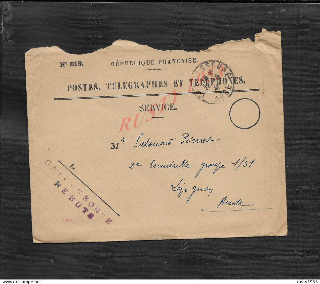 LETTRE POSTES TELEGRAPHES & TELEPHONES GRIFFE CARCASSONNE REBUTS 1941 POUR LEZIGNAC : - Télégraphes Et Téléphones