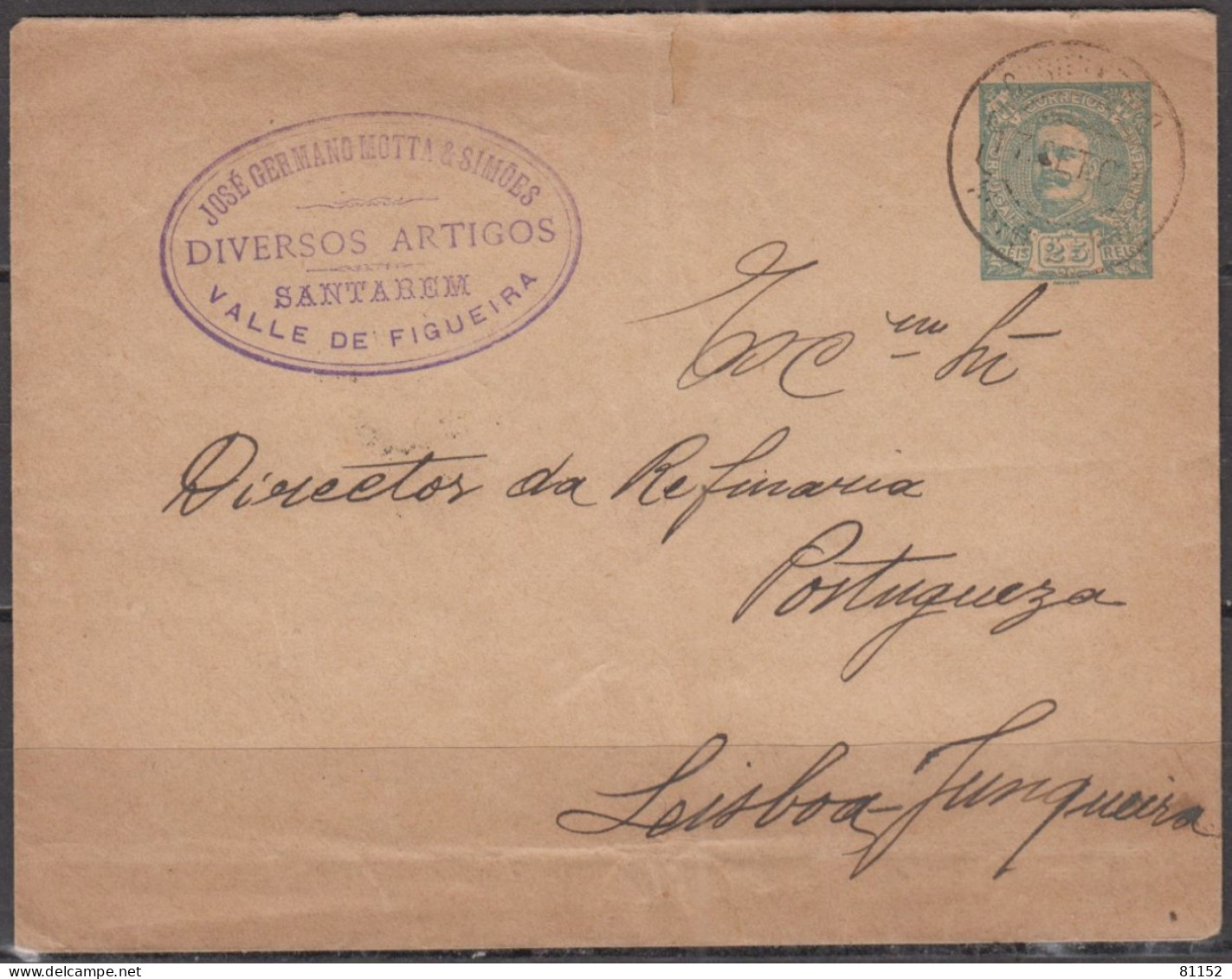 Portugal Entier Charles 1er  25r  Le17 9 1902  Cachet Pub " Diversos Artigos SANTAREM Vallée De Figueira " Pour LISBOA - Postal Stationery