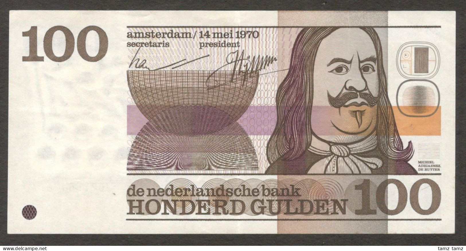 Netherlands 100 Gulden Michael De Ruyter P-93 1970 XF+ Crisp Paper - 100 Florín Holandés (gulden)