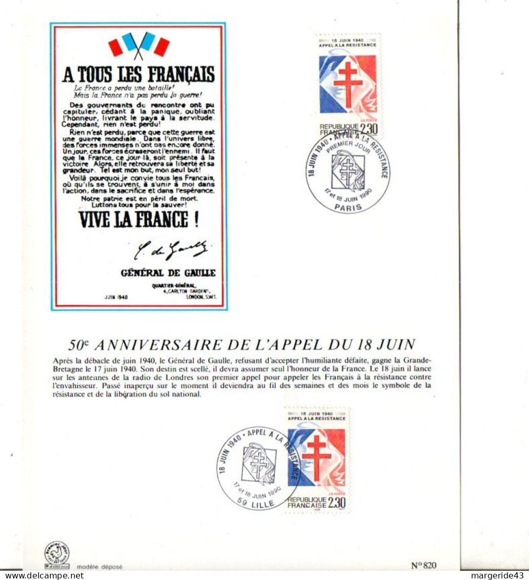 NOTICE FDC 1990 50 ANS APPEL DU 18 JUIN - 1990-1999