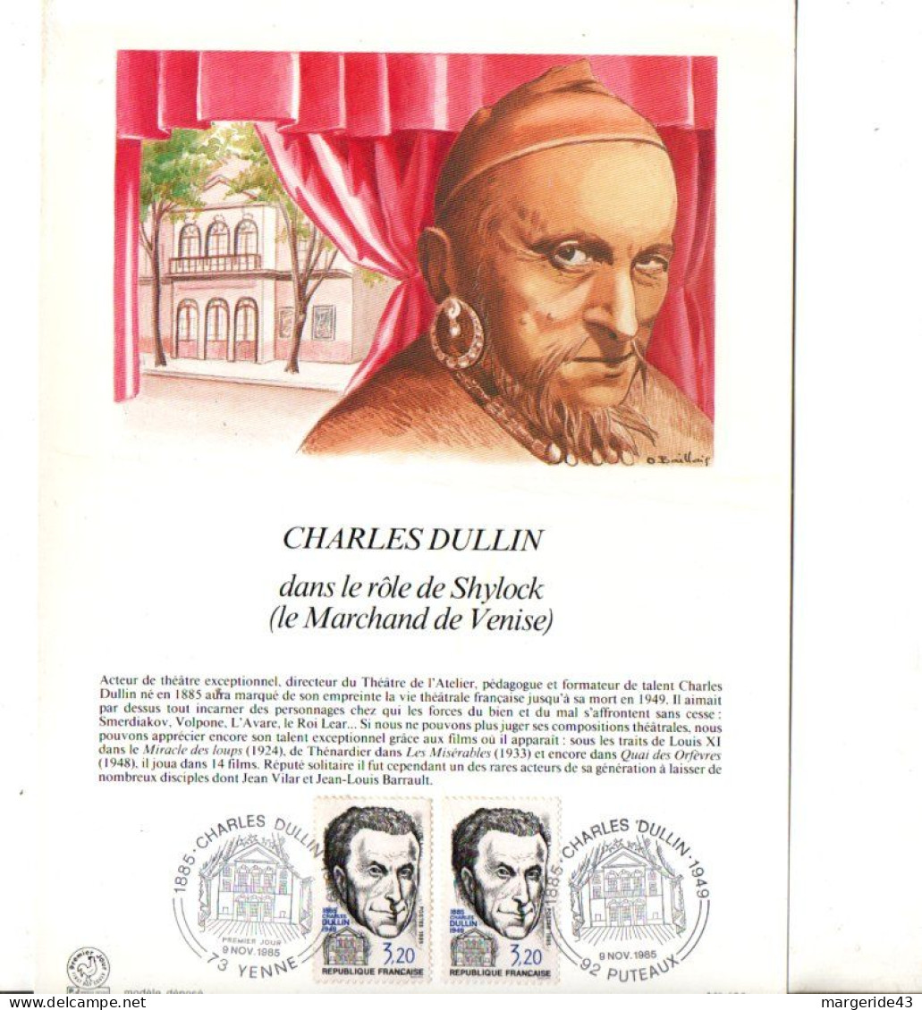 NOTICE FDC 1985 CHARLES DULLIN - 1980-1989