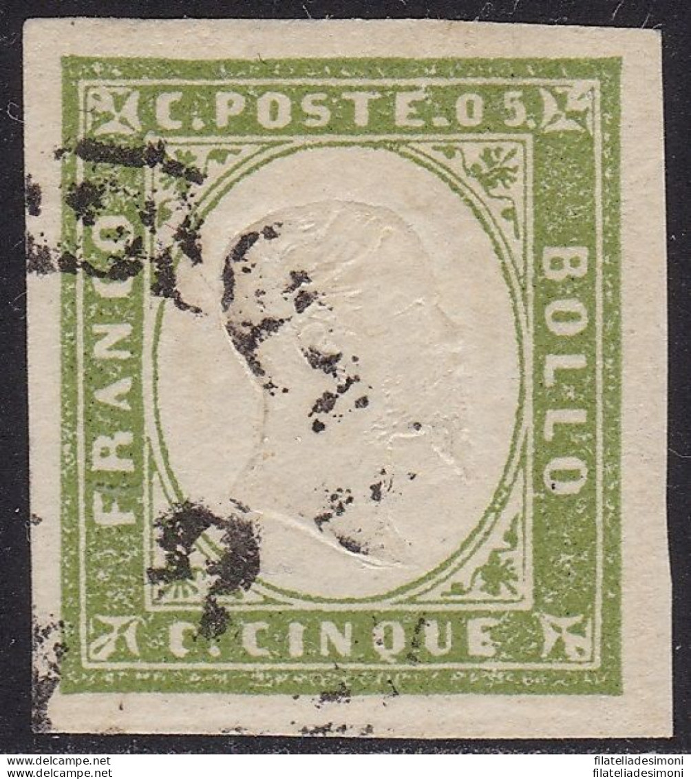 1862 Sardegna, N° 13Dc  5c. Verde Olivastro USATO Firma Bolaffi - Sardinië