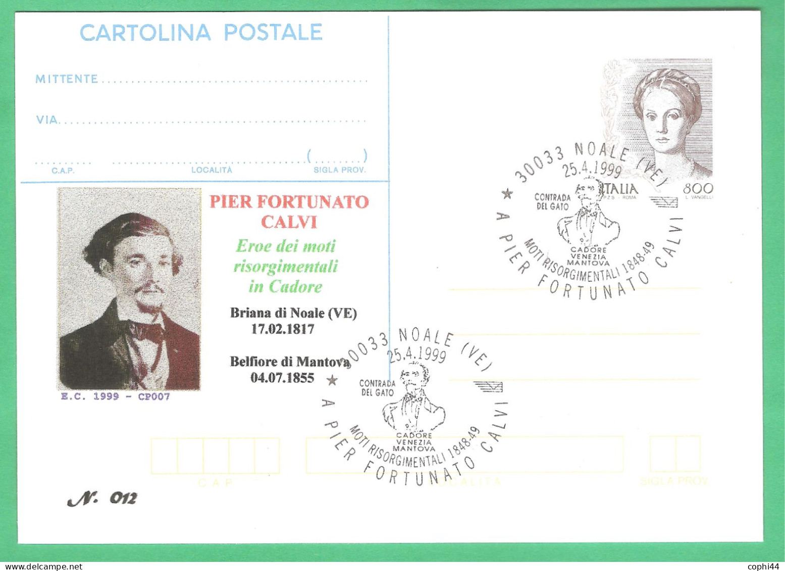 Repiquage "A PIER FORTUNATO CALVI" Su Intero Postale Donne Nell'arte 800 Lire - Entiers Postaux