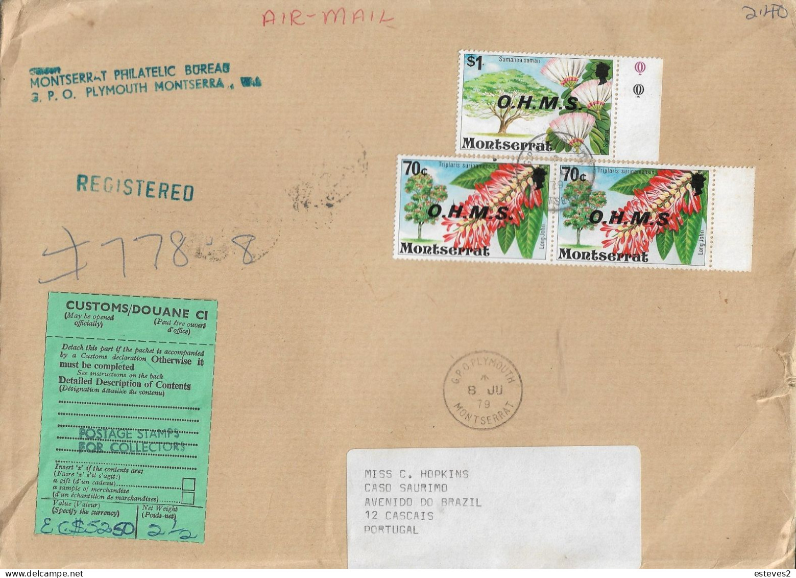 Montserrat 1980 , Samanea Saman , Triplaris Surinamensis , Flowers , Customs Label - Sonstige & Ohne Zuordnung