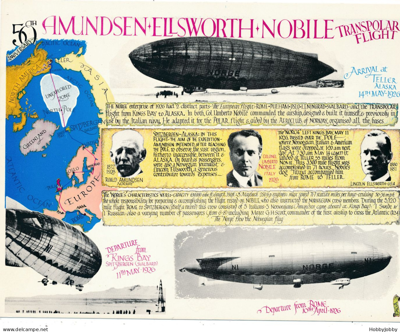 50th Amundsen  - Elsworth - Nobile TRANSPOLAR FLIGHT / DEPARTURE FROM "Kings Bay" Spitzbergen 11th May 1926 - READ MORE! - Airships