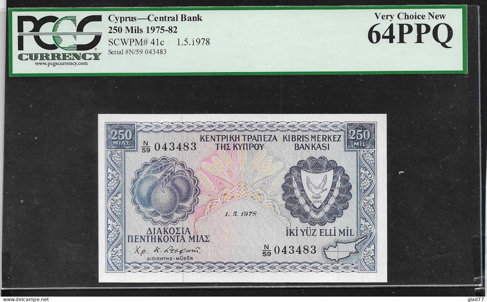 Cyprus  250 MIL 1.5.1978 PCGS Banknote 64 PPQ (Perfect Paper Quality) Very Choice UNC! Rare!! - Chipre