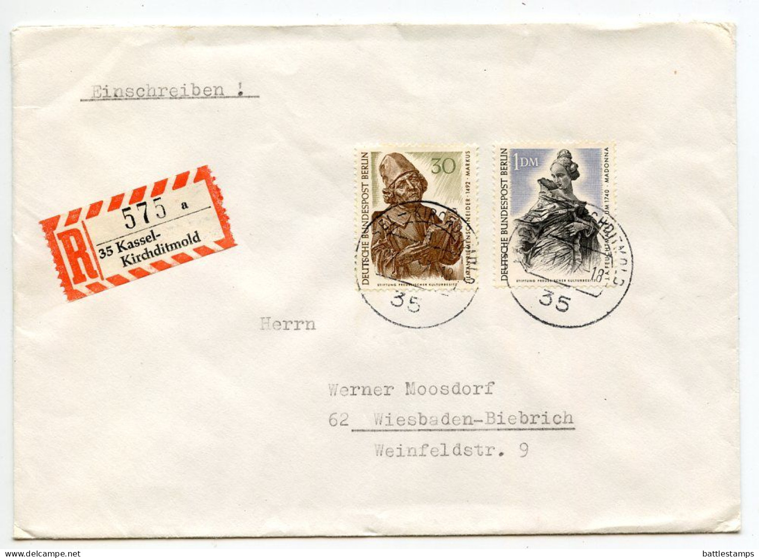 Germany, West 1967 Registered Cover Kassel-Kirchditmold To Wiesbaden-Biebrich; Berlin Stamps - 30pf. & 1m. Berlin Art - Covers & Documents