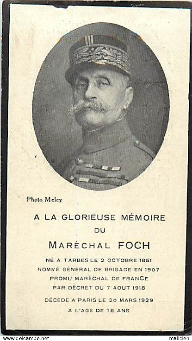 - Thèmes Div -ref-V V694- Militaria - Image Mortuaire à La Memoire Du Maréchal Foch - Né à Tarbes - Hautes Pyrénées - - Characters