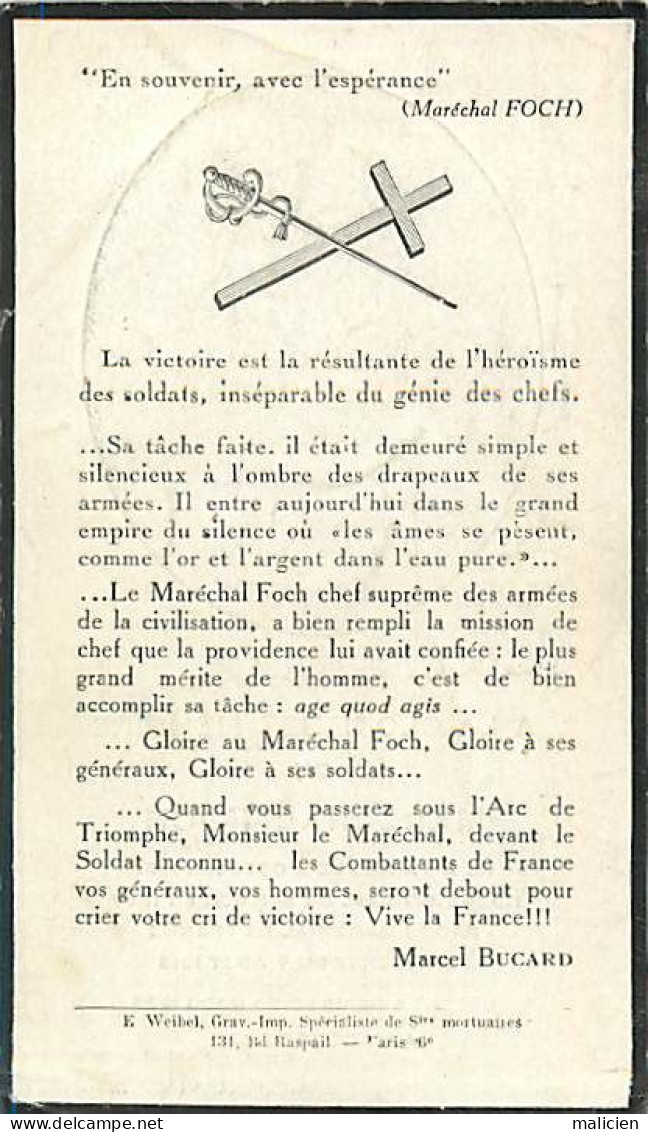 - Thèmes Div -ref-V V694- Militaria - Image Mortuaire à La Memoire Du Maréchal Foch - Né à Tarbes - Hautes Pyrénées - - Personen