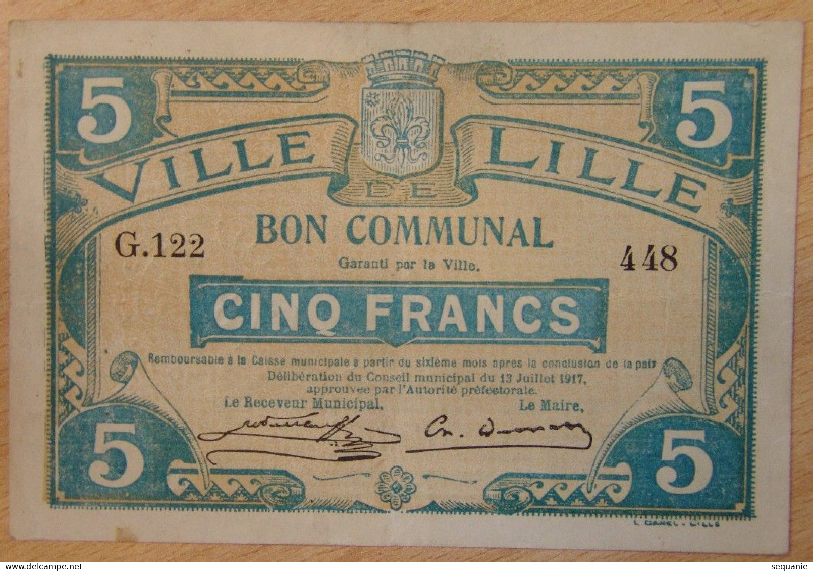 LILLE ( 59- NORD)  Bon Communal De 5 Francs 13/07/1917 - Bons & Nécessité