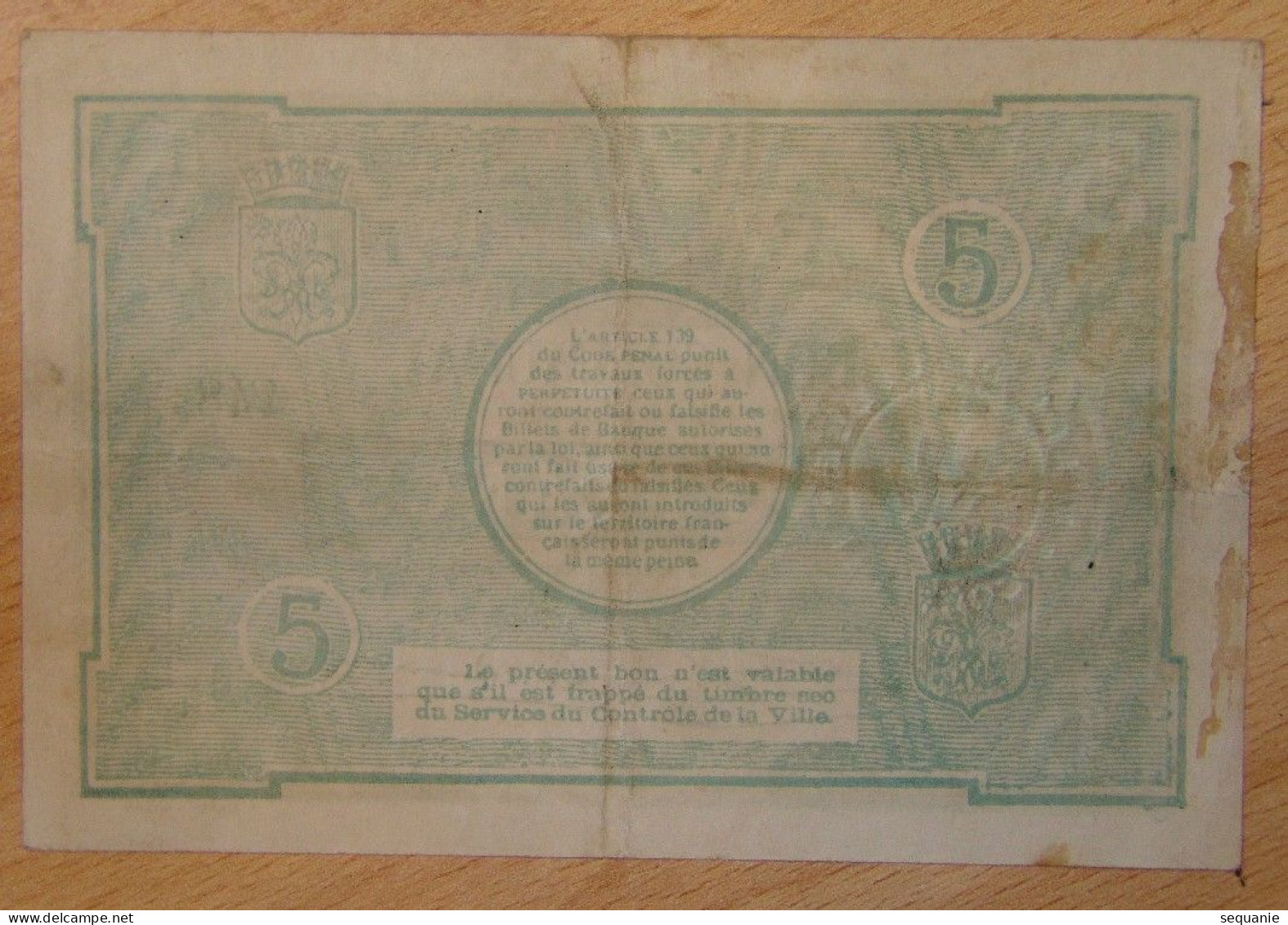 LILLE ( 59- NORD)  Bon Communal De 5 Francs 13/07/1917 - Notgeld