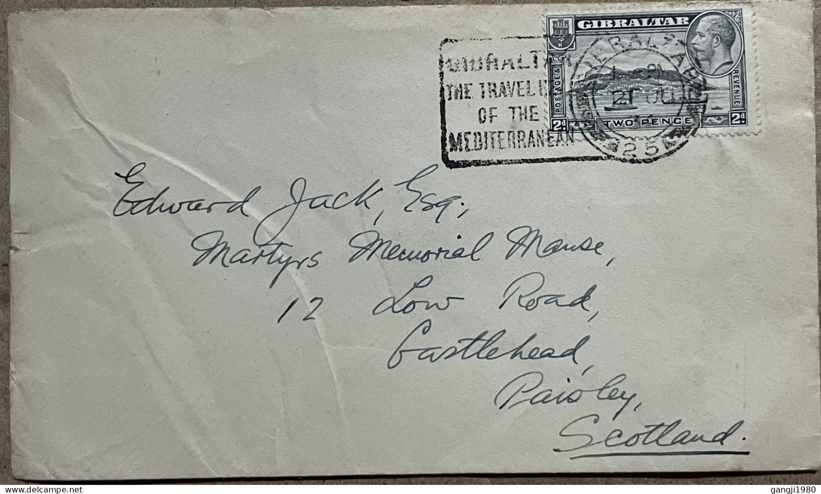 GIBRALTAR 1931, COVER USED TO SCOTLAND, SLOGAN TRAVEL OF THE MEDITERRANEAN, KING 2D STAMP, GIBRALTAR CITY CANCEL. - Gibraltar