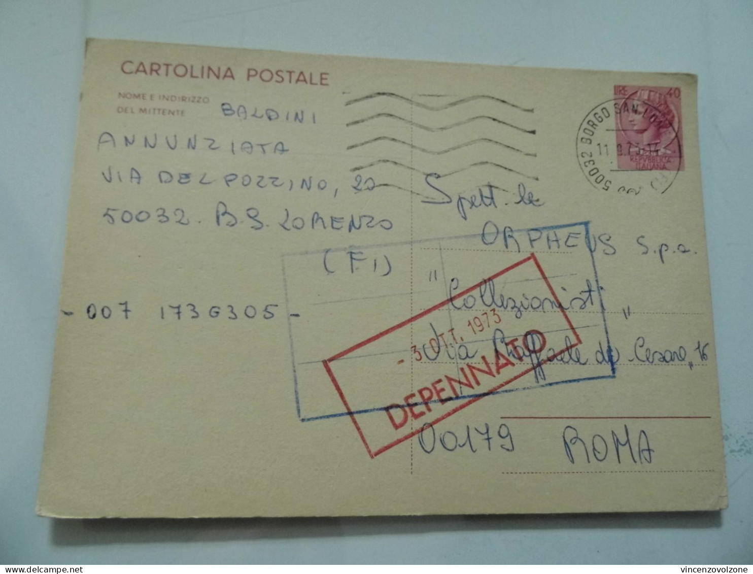 Cartolina Postale Viaggiata "ORPHEUS S.p.a. Collezionisti Roma" 1973 - 1971-80: Marcophilie