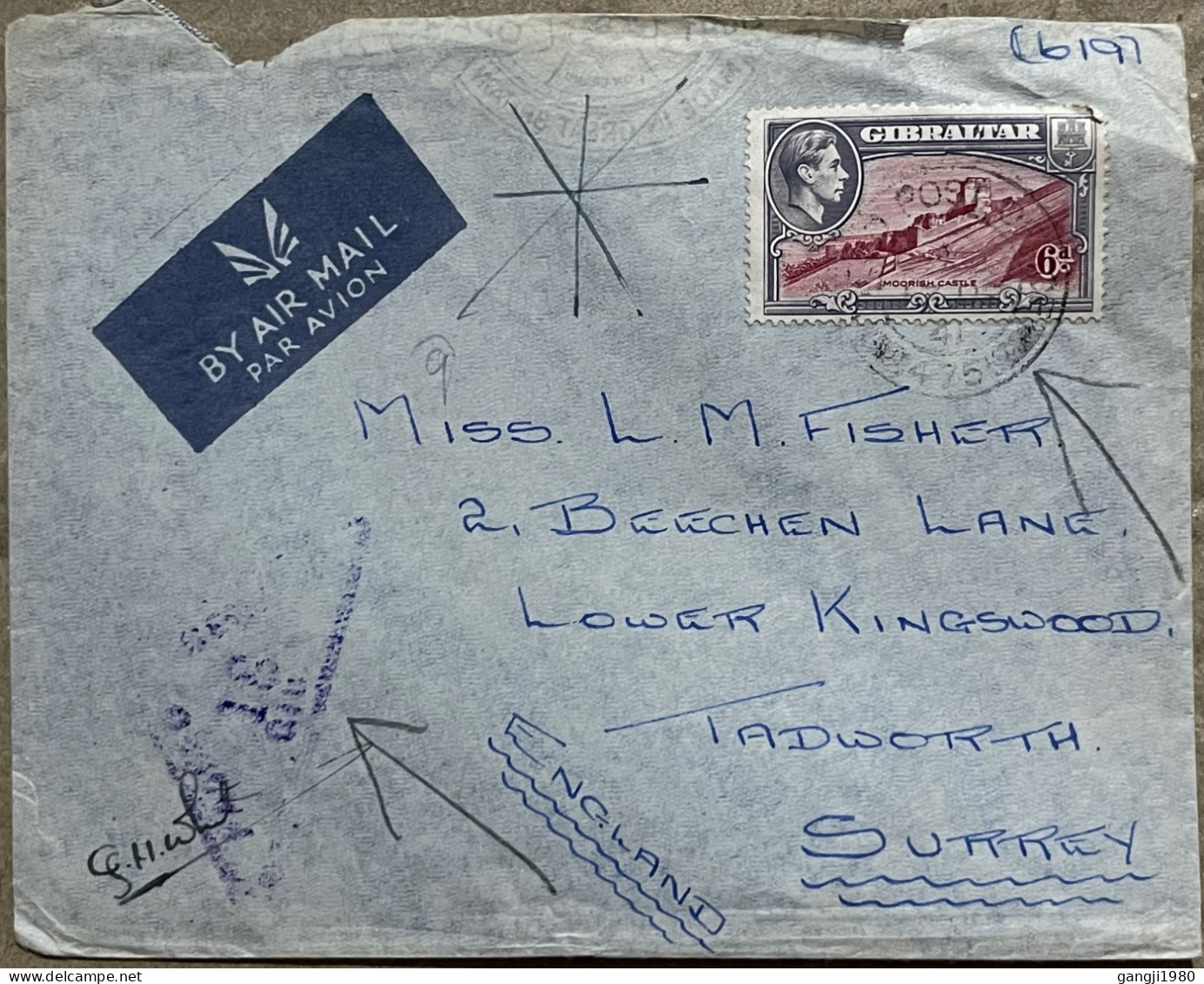 GIBRALTAR 1941, WORLD WAR-2, COVER USED TO ENGLAND, TRIANGLE CENSOR, FPO NO 475, MOORISH CASTLE & KING STAMP - Gibilterra