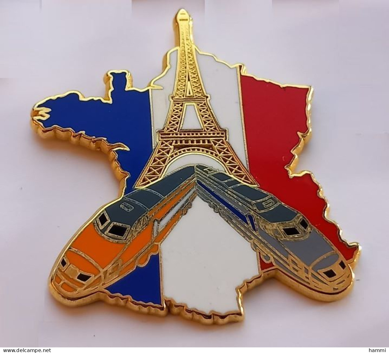 N432 Pin's SNCF TGV Gris Et Orange Carte De France Tour Eiffel (gros Pin's) Signé Ballard Achat Immédiat - TGV