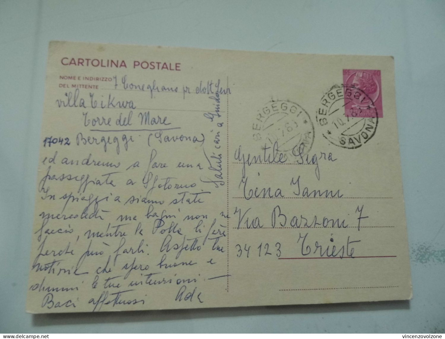 Cartolina Postale Viaggiata Da Bergeggi ( Savona ) A Trieste 1973 - 1971-80: Marcophilie