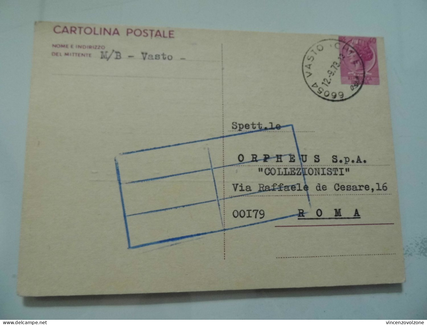 Cartolina Postale Viaggiata Da Vasto ( Chieti ) A Roma "ORPHEUS COLLEZIONISTI" 1973 - 1971-80: Marcophilie