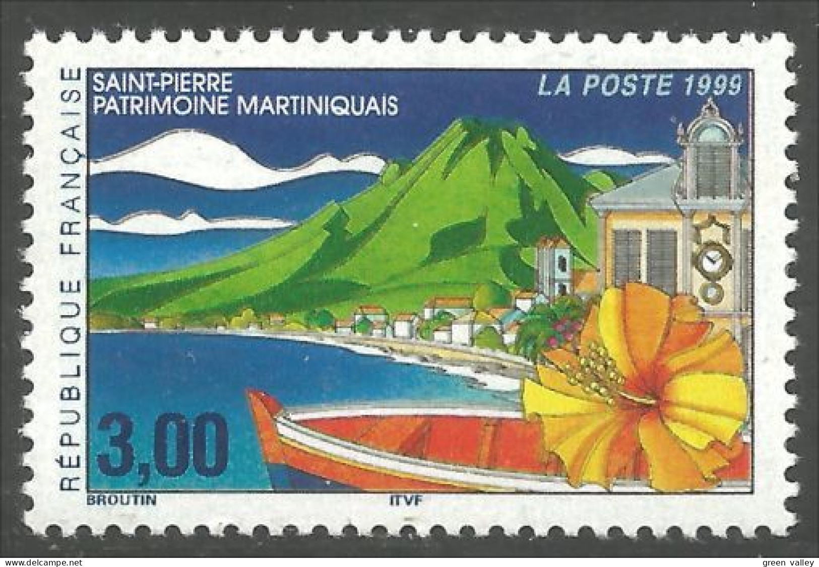 362 France Yv 3244 Martinique Montagne Mount Pelée Volcan Volcano Barque Bateau Boat Schiff MNH ** Neuf SC (3244-1a) - Vulkane