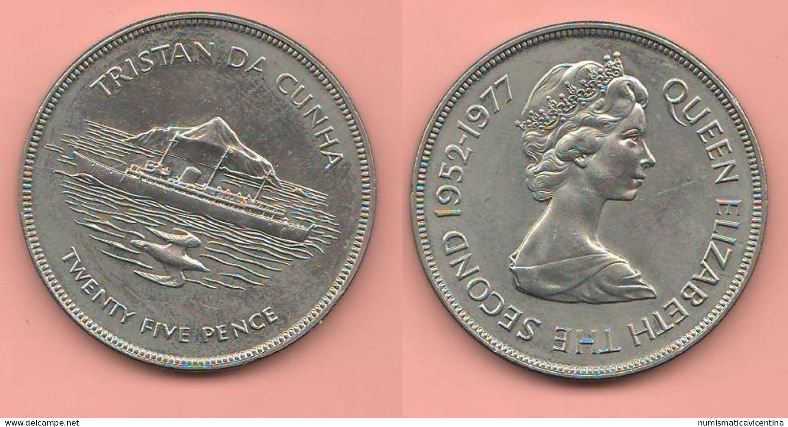 Tristan Da Cunha 25 Pence Twenty Five Pence 1977 Queen Elizabeth   ∇ 22 - Santa Helena