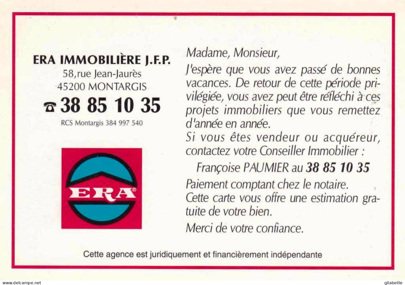 Publicité - ERA IMMOBILIERE -  Reproduction Ce Carte Postale Montargis - Publicidad