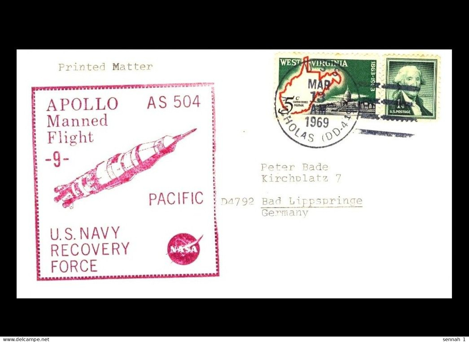 USA: 'Apollo-9 In Space – Splashdown – Pacific Recovery Force USS Nicholas [DD-419] – Red Cachet, 1969' - United States