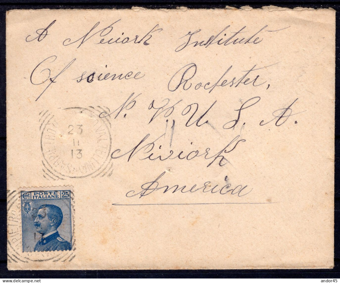 1913 23 FEB C.25 SASS.83 "EFFIGIE DI VITT.EM.III VOLTA A SINISTRA"USATO SU BUSTA DA VALTELLINA SAN PIETRO  X NEW YORK MO - Storia Postale