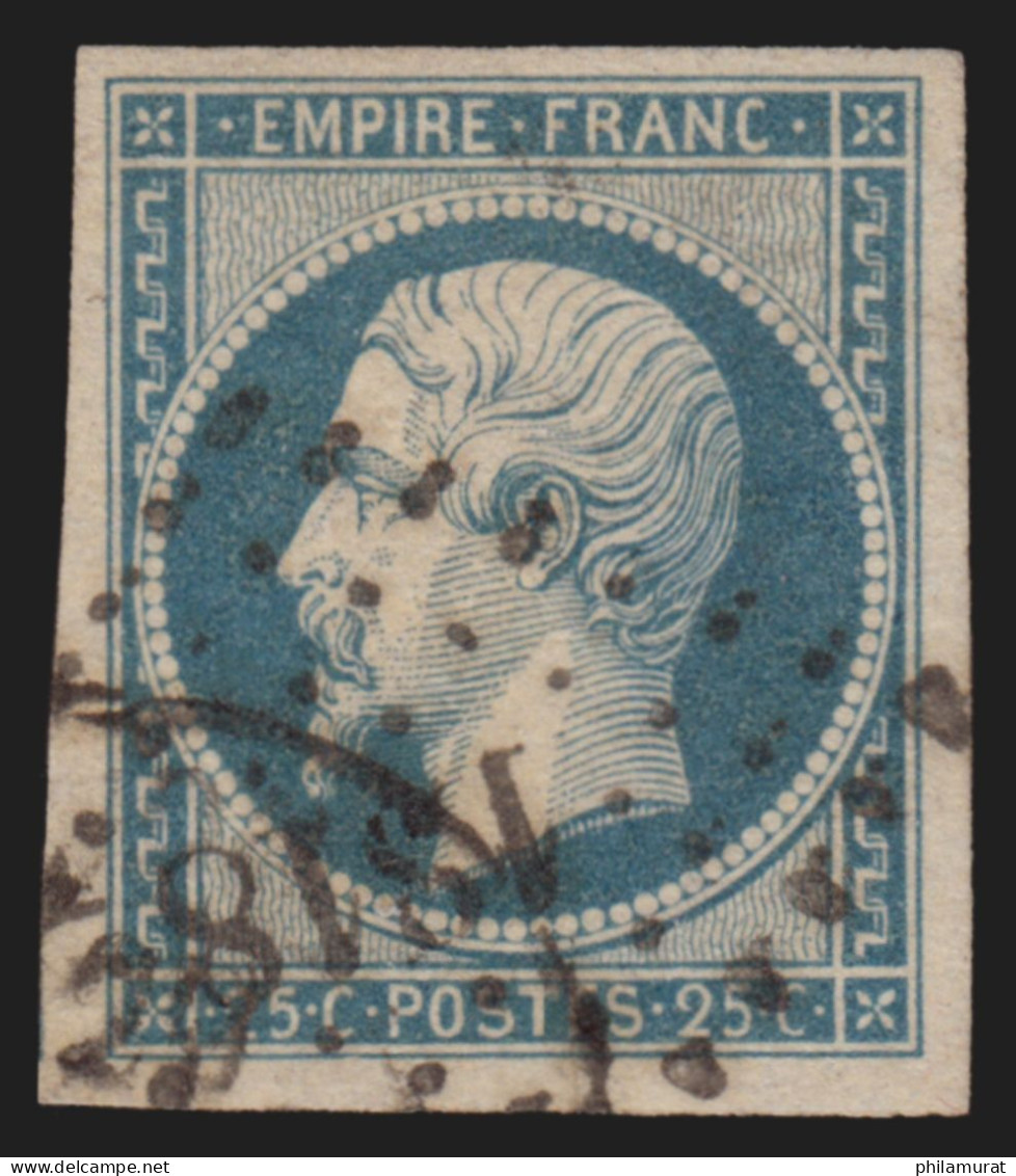 N°15a, 25c BLEU-LAITEUX, Oblitéré PC 1818 Lyon, Signé CALVES - B/TB - 1853-1860 Napoleon III