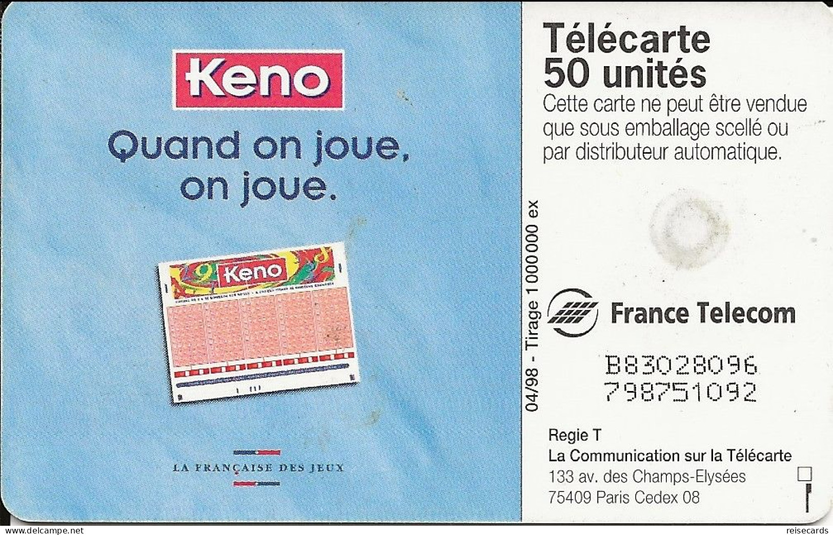 France: France Telecom 04/98 F847 Keno - 1998