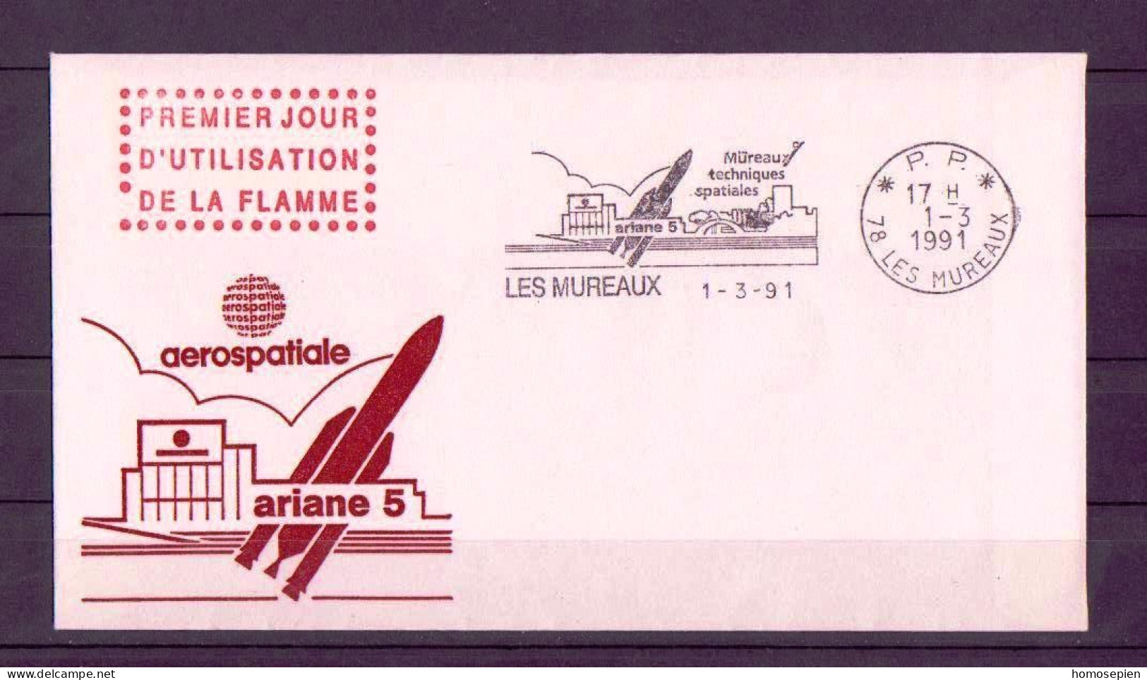 France - Frankreich LTC 1991 03 01 Y&T N°EMA1991 03 01 - Michel N°BFS1991 03 01 - 1er Jour Flamme Ariane 5 Aux Mureaux - Storia Postale